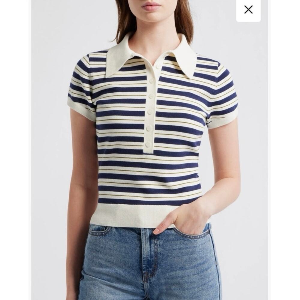 NWOT Reformation Bentley Crop Polo Sweater in Fior Di Latte/Navy SZ XS